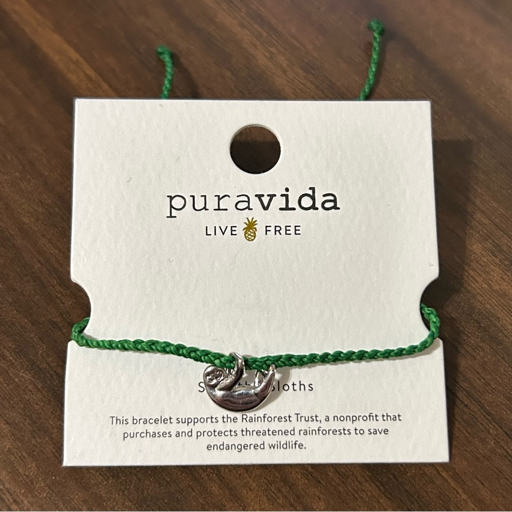 Pura Vida Save The Sloths Bracelet Green Wax Coated Adjustable Sloth Charm